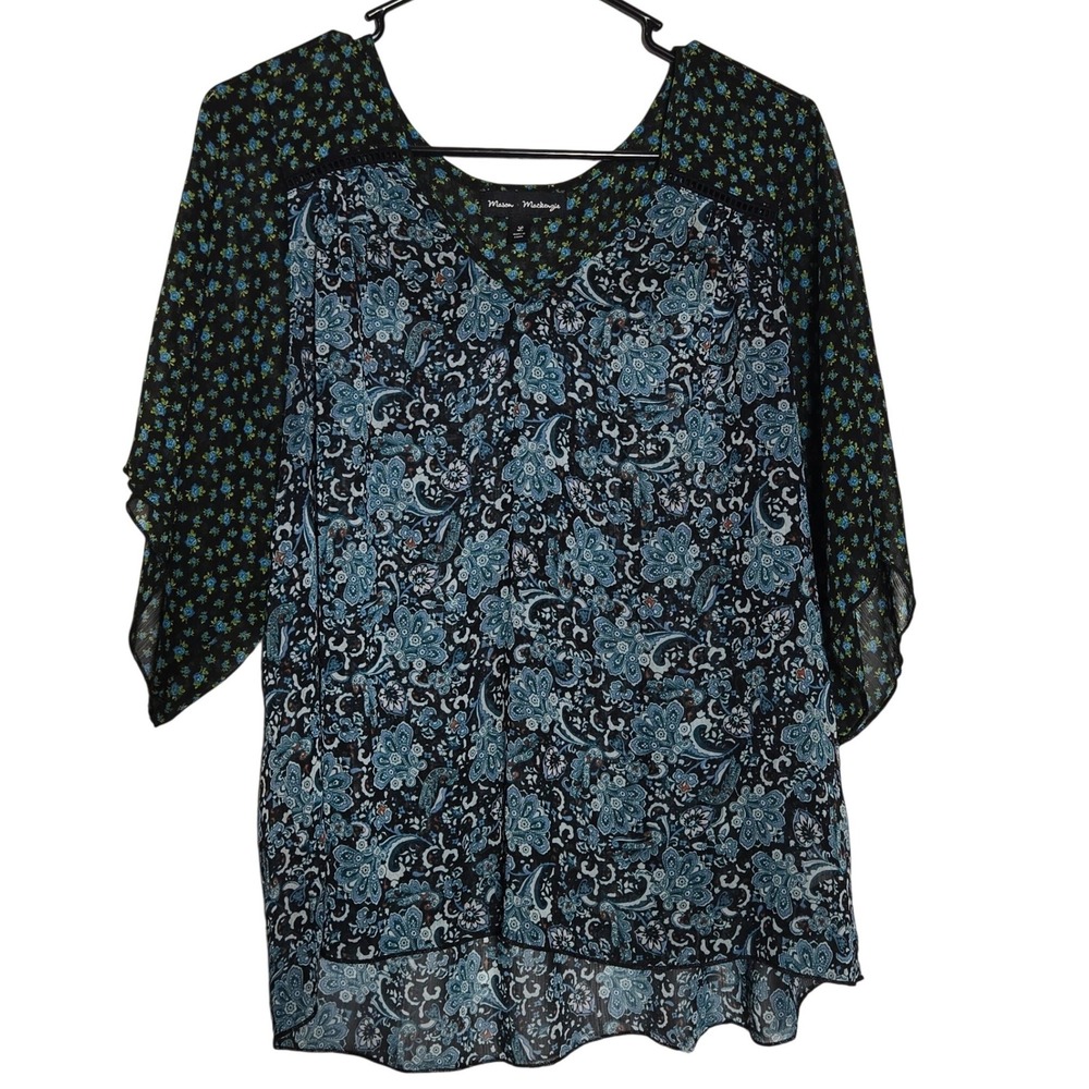Mason Mackenzie Dark Floral Paisley Top Large Boho Mixed Print Sheer Whimsigoth